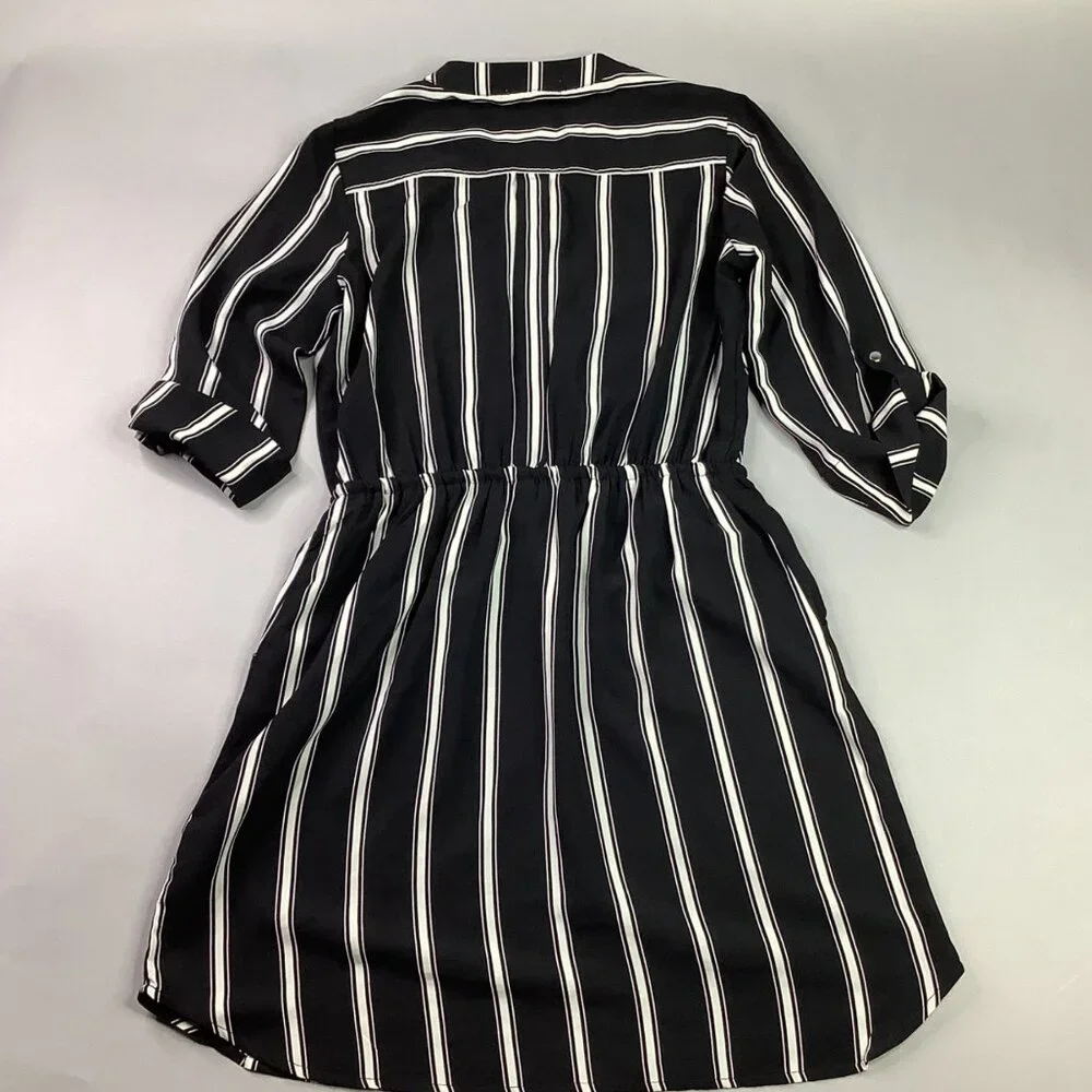 Striped Black & White Midi Dress Roll-Up Sleeves Drawstring Waist Old Money - Picture 9 of 10